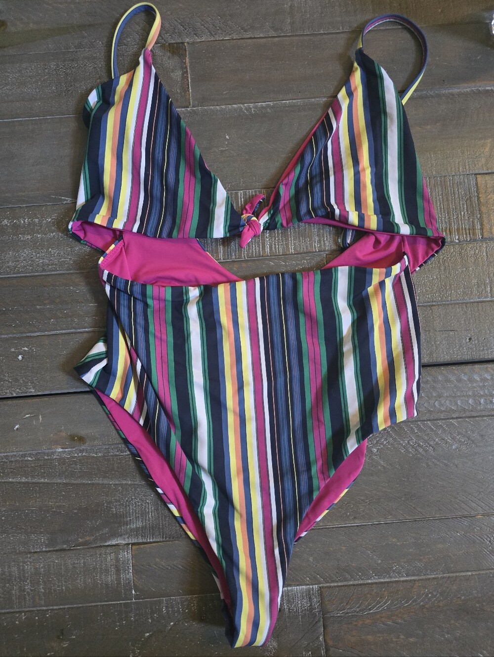 Marine Layer Havana Tie Front One Piece in Multi-Color Stripe.  Size Medium